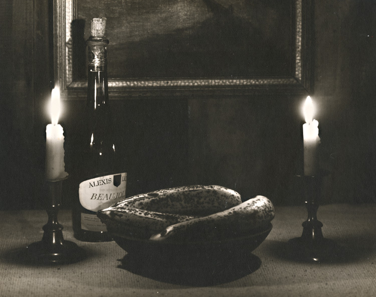 Candles, Ripe Bananas and a Bottle of Beaujolais Still Life