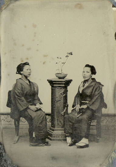 Two Japanese Women with Plant on Studio Pedestal