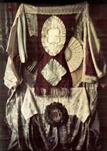 Anonymous - Display of Textiles, Fans and Wood Carved Frame