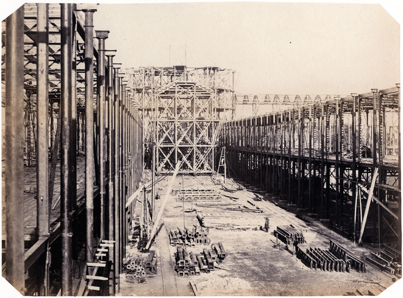 Construction of the 1862 International Exhibition at South Kensington [Interior Framework with Two Figures]