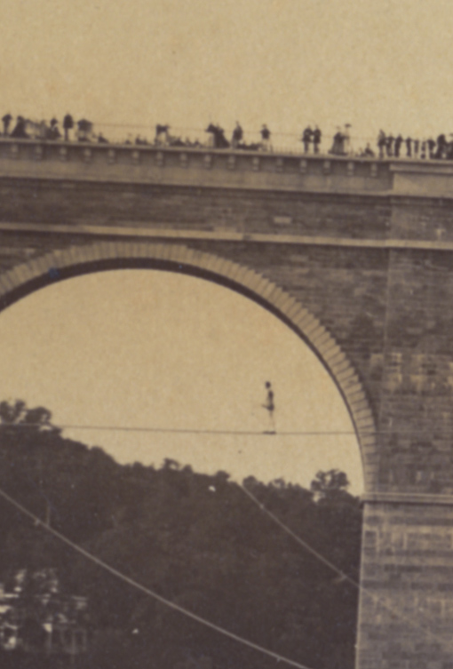 Crowd on Viaduct Watching Tightrope Walker, likely to be Blondin