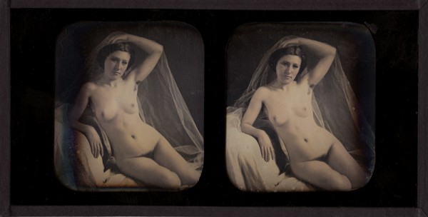 Bruno-Auguste Braquehais (attributed to), Seated Female Nude with Veil, Stereo daguerreotype, 1850s.