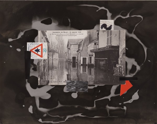 Paula Chamlee: Inundation de Moret. Collage of chemically altered photo paper, antique French postcard, stamps, painted paper, 8 x 10 in. (203 x 254 mm), 2026/2026, on archival board. 16920.