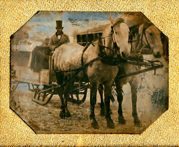 Daguerreotype of two large horses drawing a sleigh wagon Daguerreotype of two large horses drawing a sleigh wagon