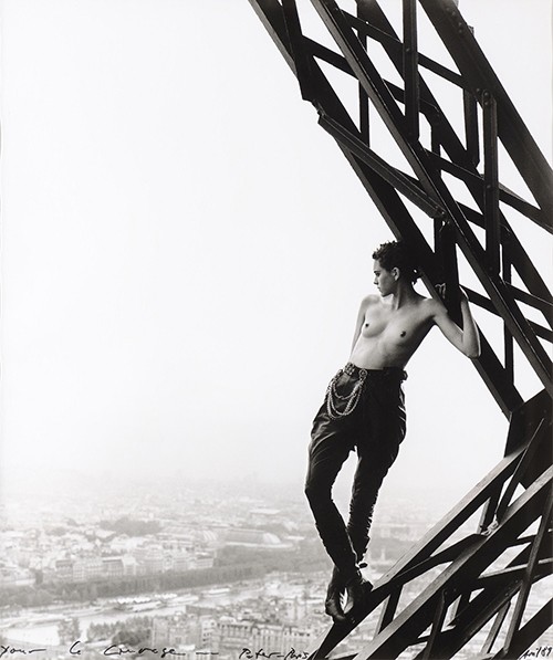 Lot 173, Peter Lindbergh, Mathilde on the Eiffel Tower, 1989. Silver gelatin print, dedication from artist on image. 57.5 x 48 cm, framed, 10,000/15,000 €. © Peter Lindbergh. Courtesy Millon. Lot 173, Peter Lindbergh, Mathilde on the Eiffel Tower, 1989. Silver gelatin print, dedication from artist on image. 57.5 x 48 cm, framed, 10,000/15,000 €. © Peter Lindbergh. Courtesy Millon.