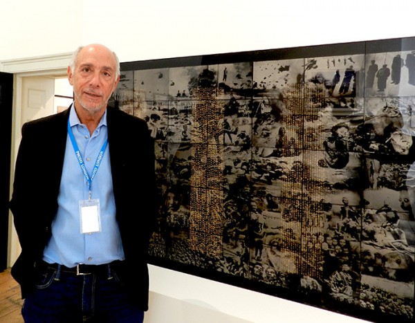 Howard Greenberg next to Matthias Olmeta's "Traite de Paix 1", an assemblage of 40 ambrotypes of atrocities in China and Vietnam. (Photo by Michael Diemar) Howard Greenberg next to Matthias Olmeta's "Traite de Paix 1", an assemblage of 40 ambrotypes of atrocities in China and Vietnam. (Photo by Michael Diemar)